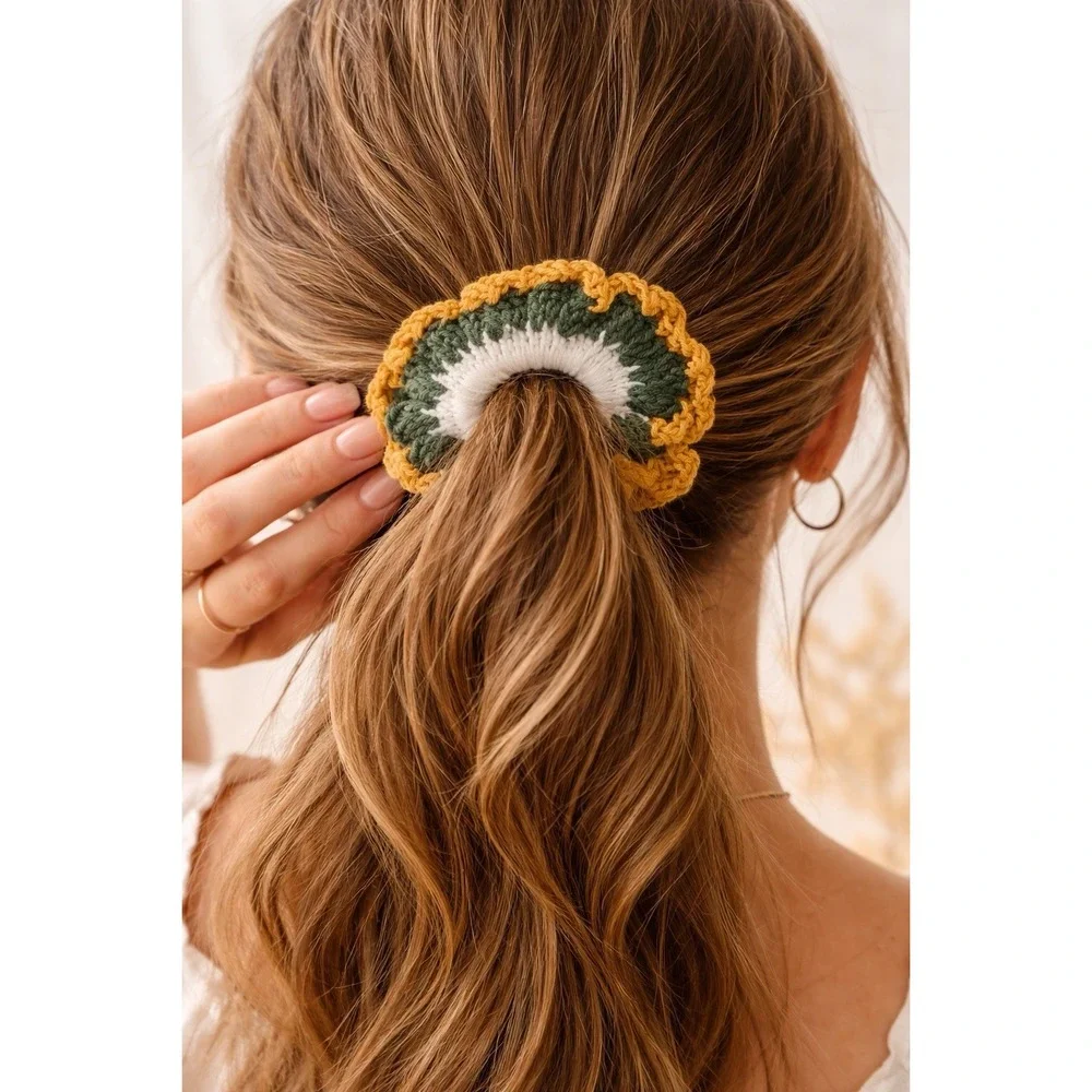 Handmade Crochet Scrunchie Boho Hair Tie Soft Cotton Elastic Green Mustard White